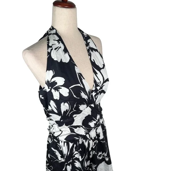 Boston Proper Halter Dress Women 14 Black White Floral Cotton Midi Summer Pocket - Picture 3 of 10